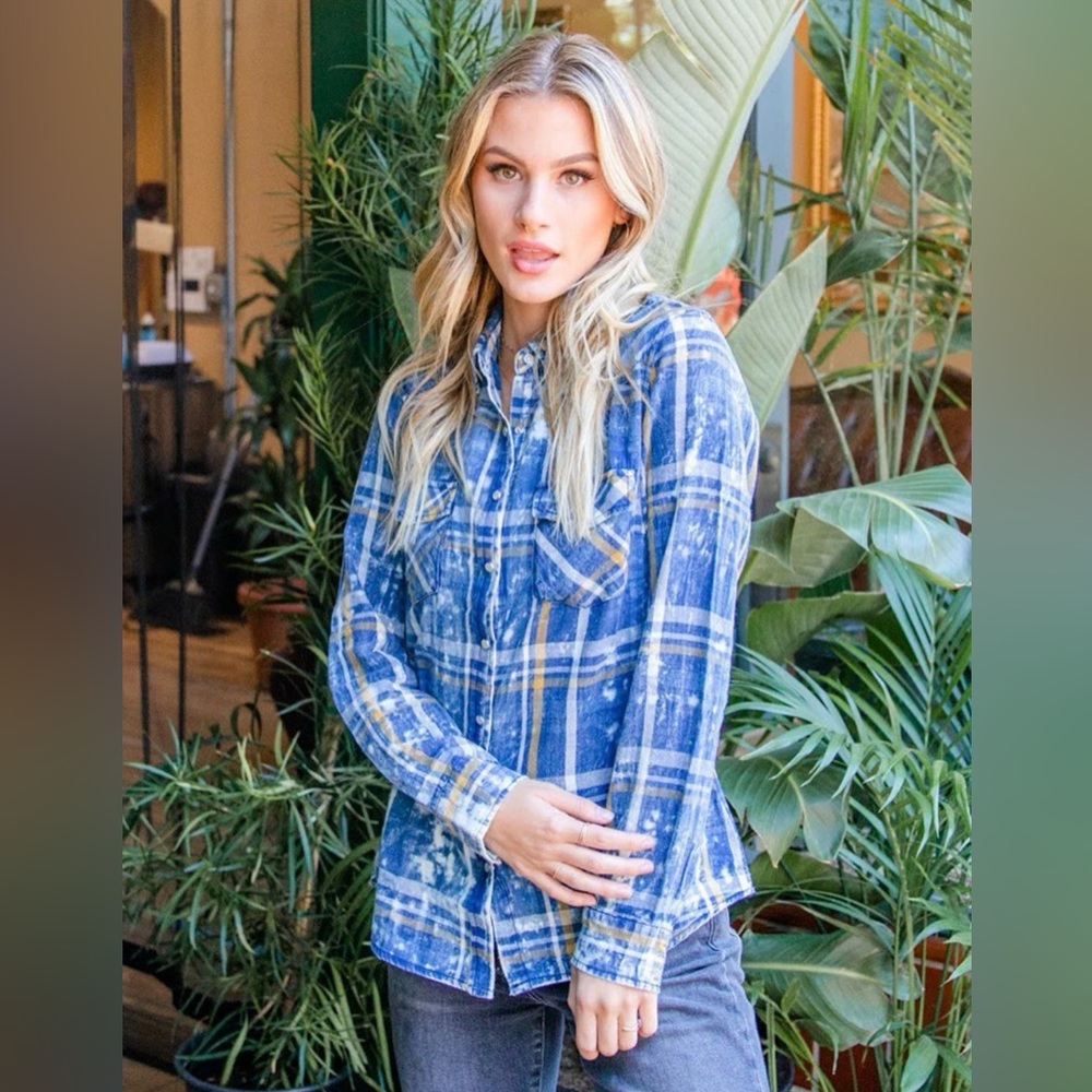 NWT Lovestitch Howdy Washed Plaid Snap Front Shirt, Medium, Blue/Yellow,…